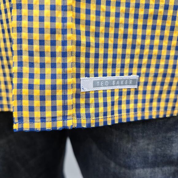 TED BAKER London Men Shirt Gingham Check Yellow Blue Size 4 L/XL Short sleeve - Picture 9 of 15